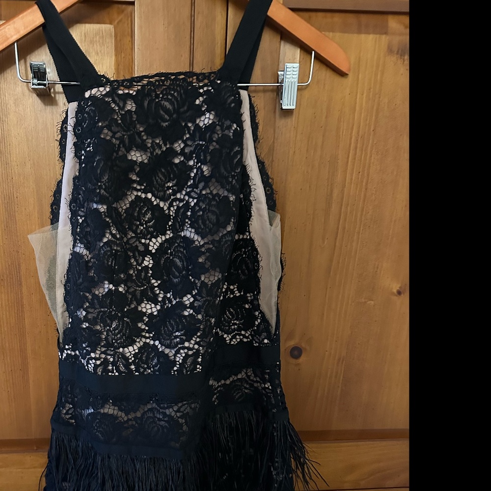 Sexy Little Black Dress with Lace, Feathers, and Side Cutouts - SZ 6